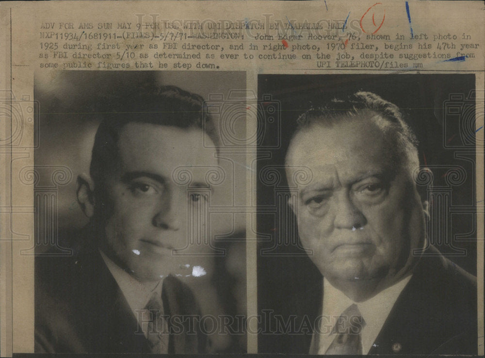 1971 Press Photo John Edgar Hoover Begins His 47th Year As FBI Director - Historic Images