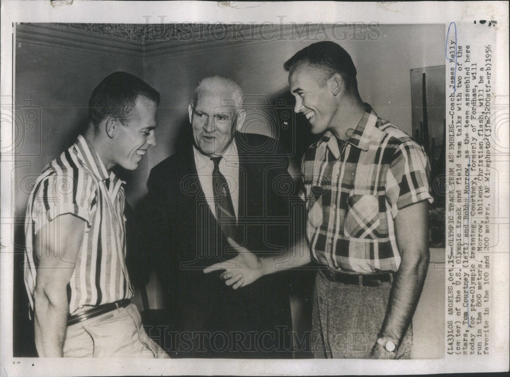 1956 Press Photo Coach James Kelly U.S. Olympic track and field team Talk Tom - Historic Images