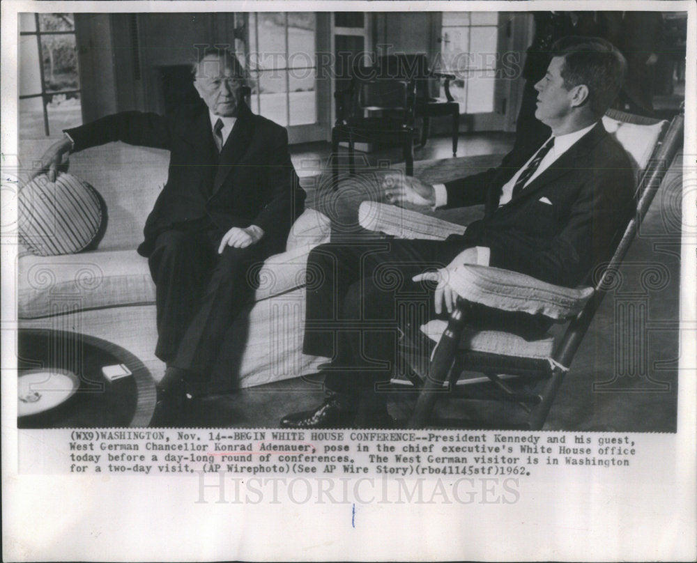 1962 President Kennedy West German Chancellor Konrad Adenauer Pose - Historic Images