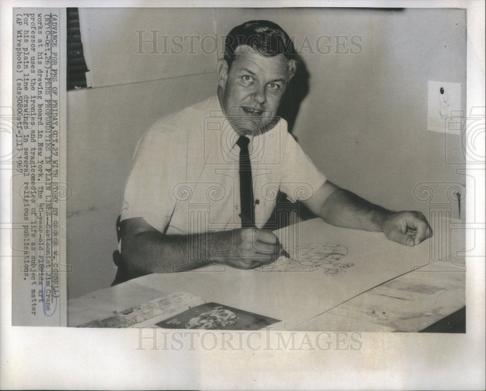 1967 Cartoonist Jim Crane drawing board Florida art professor plain - Historic Images