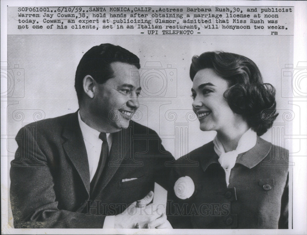 1959 Actress Barbara Rush publicist warren Jay Cowan Glamor noon - Historic Images