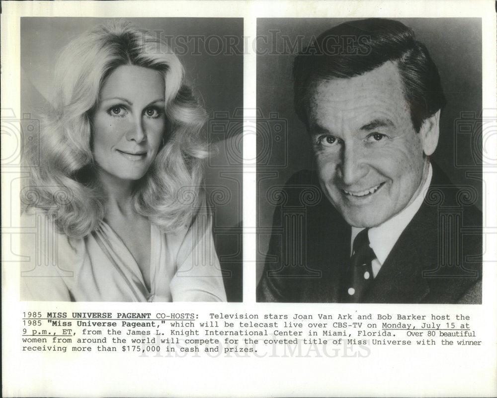1987 Press Photo Joan Van Ark Television star Bob Barker host Miss Universe - Historic Images