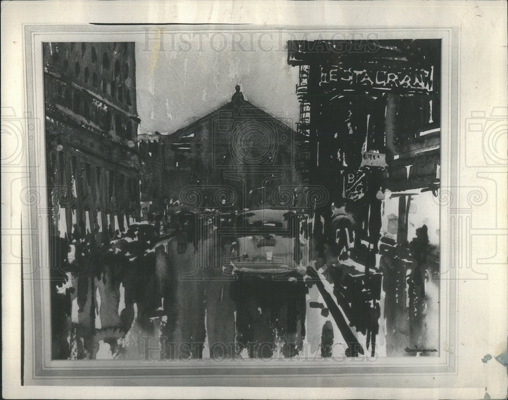 1936 Press Photo of a watercolor painting titled, &quot;Taxi Weather in Chicago&quot; - Historic Images