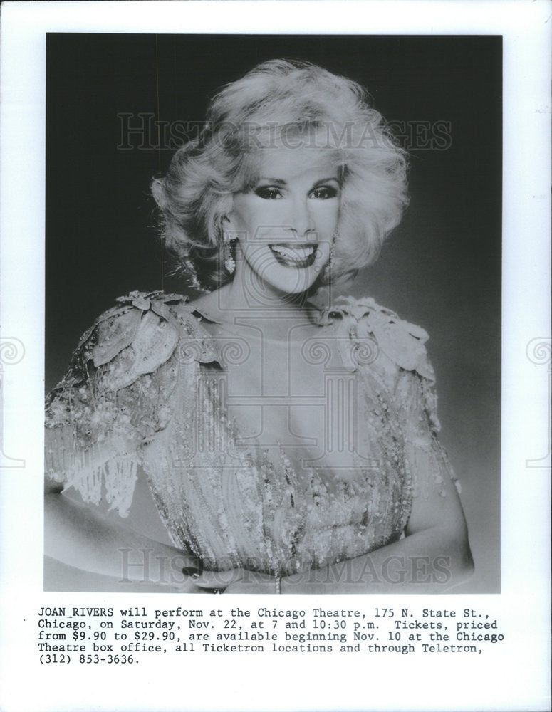 1986 Press Photo Joan Rivers Actress Comedian Personality Chicago Theatre - Historic Images