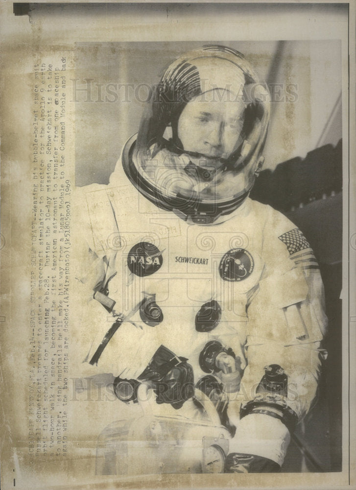 1969 Russell Schweickart wearing bubble-helment space suit - Historic Images