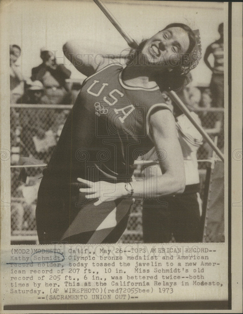 1973 Press Photo Kathy Schmidt Olympic Bronze Medalist Javelin Throw New Record - Historic Images