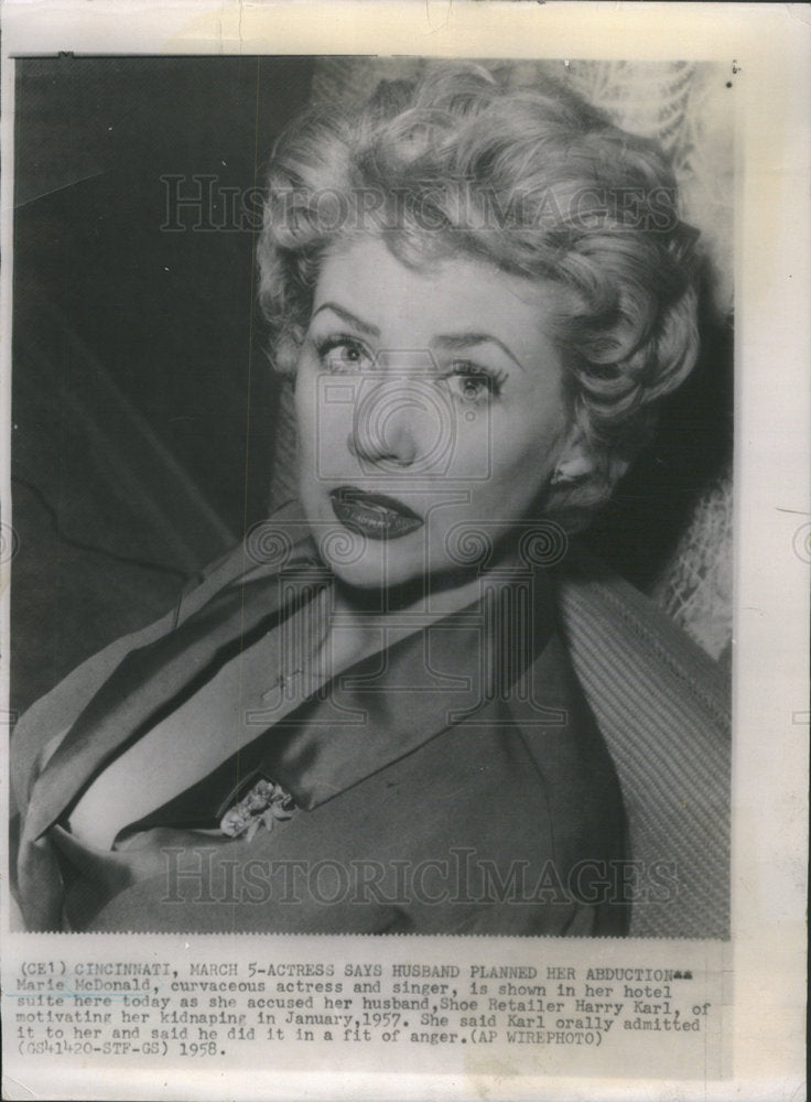 1958 Marie McDonald Actress Singer Husband Planned Kidnapping - Historic Images