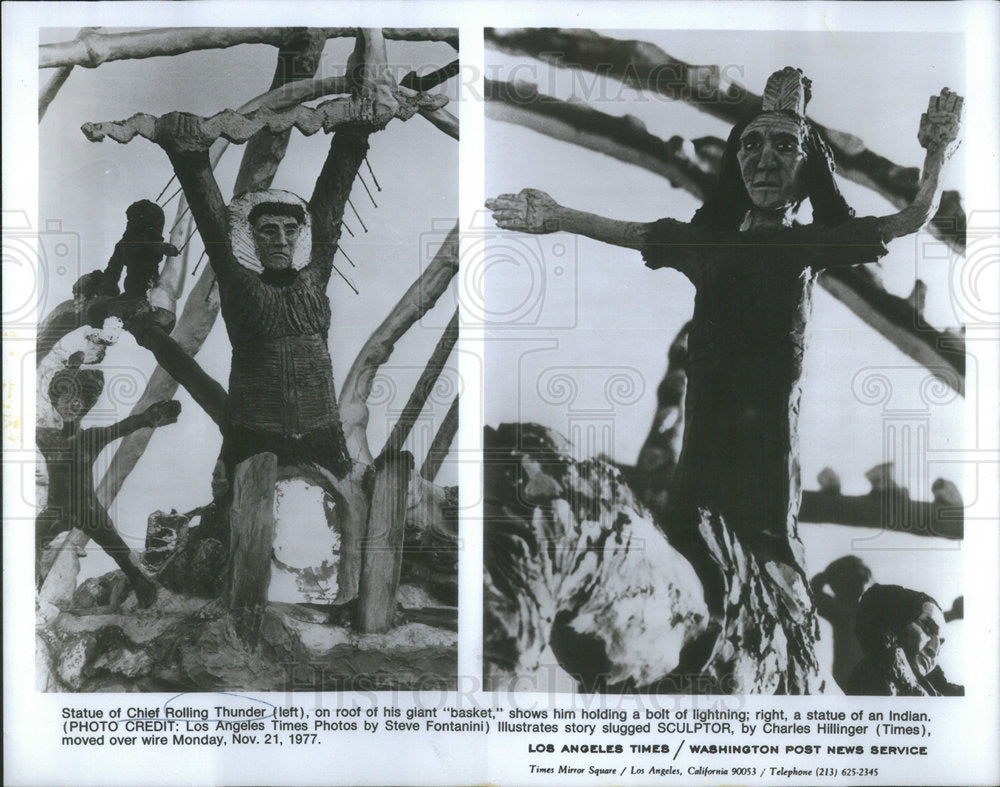 1977 Press Photo Statue of Chief Rolling Thunder Basket Statue of an Indian - Historic Images
