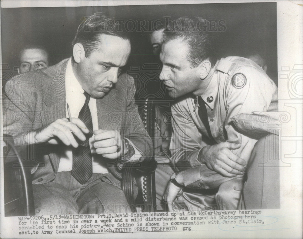 press photo Pvt. David Schine with James St. Clair at Army hearing - Historic Images