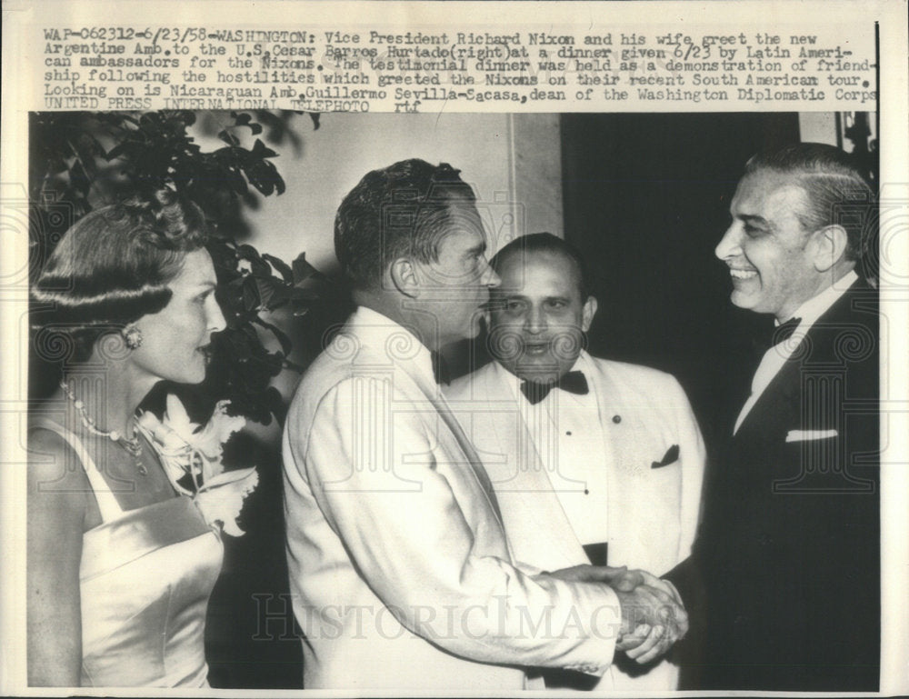 1958 Press Photo Vice President Richard Nixon His wife greet the Cesar Barros - Historic Images