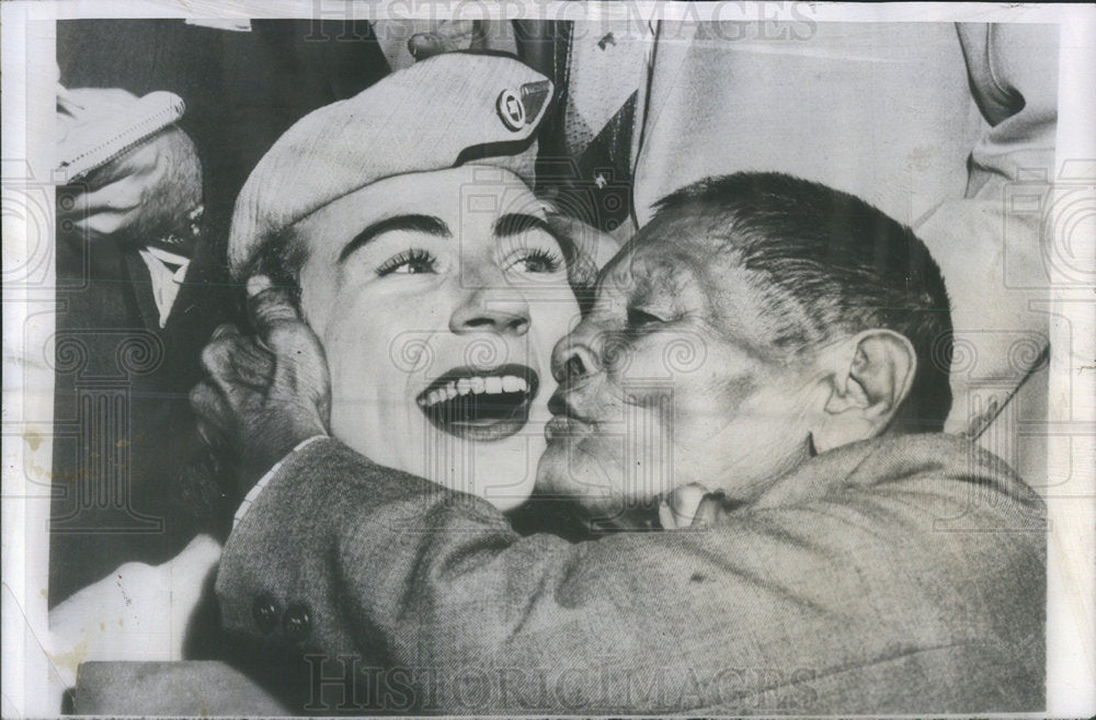 1956 Oldest Man Alive Javier Pereira Kisses Stewardess Upon Arrival - Historic Images