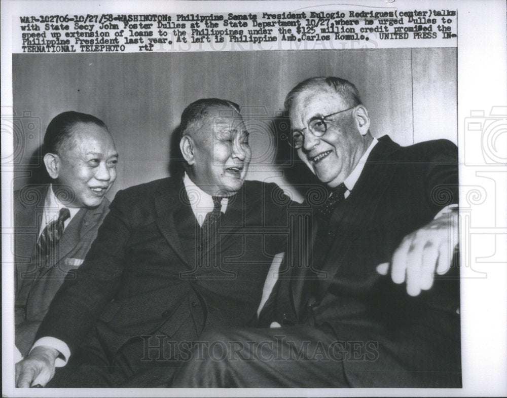 1958 Press Photo John Foster Dulles, Philippine Senate President Rodriques - Historic Images