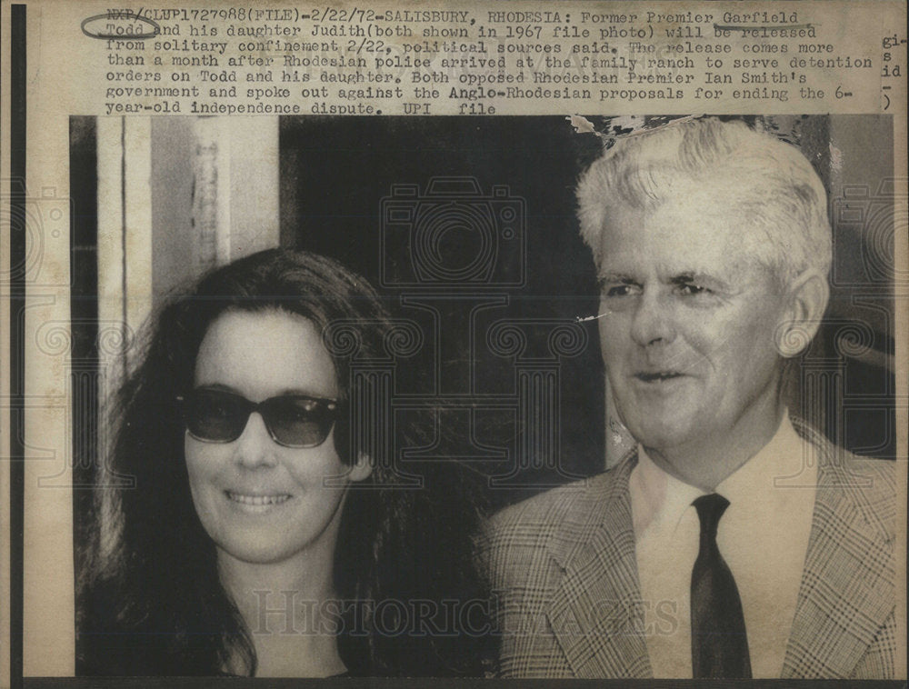 1972 Press Photo Premier Garfield Todd and his daughter Judith - Historic Images