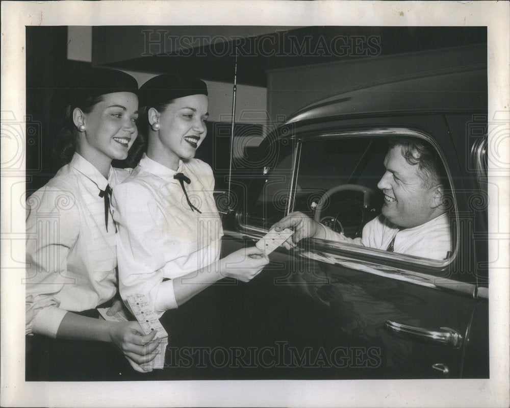 1948 Press Photo Twins Kathleen and Kathering Sell Tickets to James Sweeney - Historic Images