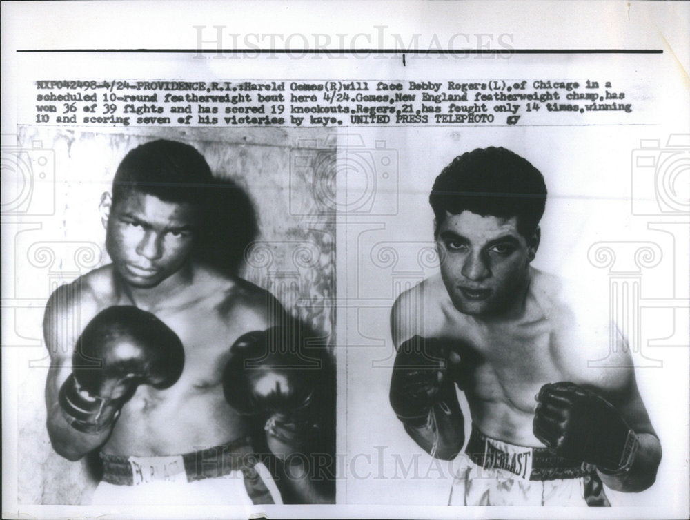 1957 Harold Gomes and Bobby Rogers face off in featherweight bout - Historic Images