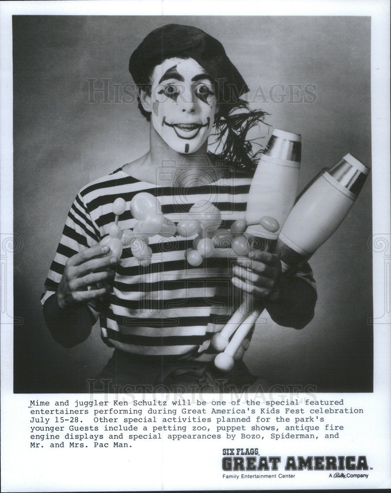 1985 Press Photo Mime Juggler Ken Schultz Great America&#39;s Kids Fest Celebration - Historic Images