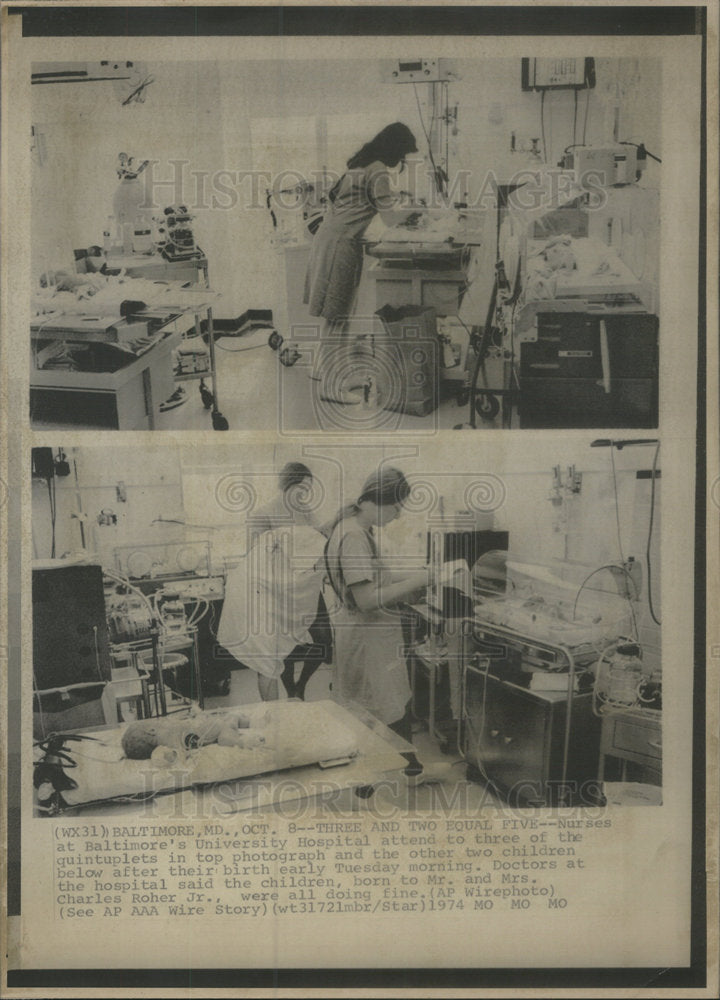 1974 Nurses at Baltimore hospital attend to 3 quintuplets of Mr. and - Historic Images