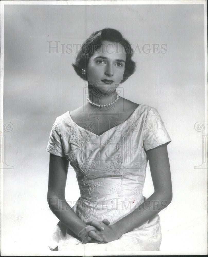 1956 Sarah Freeman, wearing imported lace over satin. - Historic Images