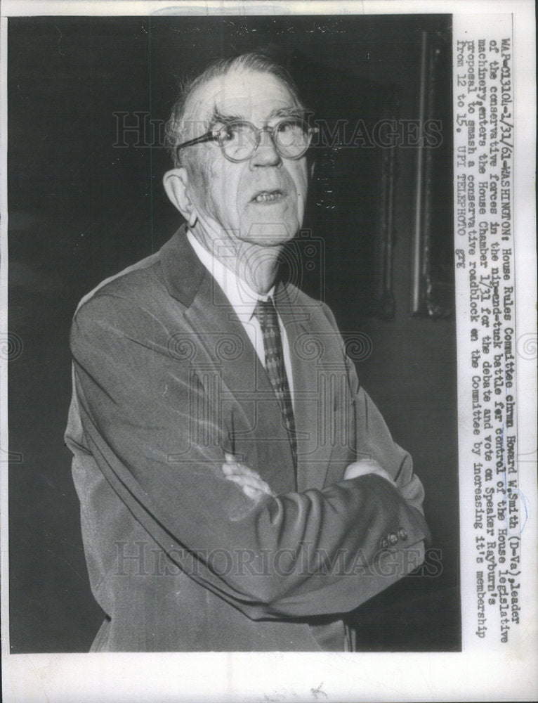 1961 Press Photo Howard W. Smith House Rules Committee Chairman - Historic Images