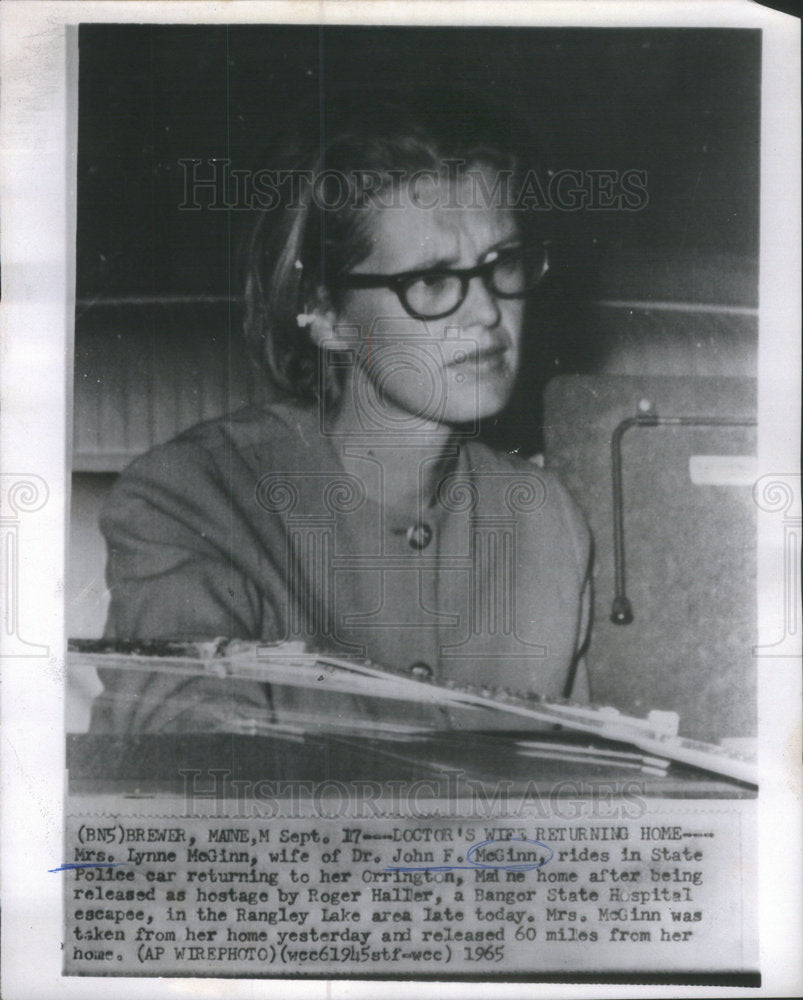 1965 Press Photo Mrs. Lynne McGinn, after being released hostage by Roger Haler - Historic Images