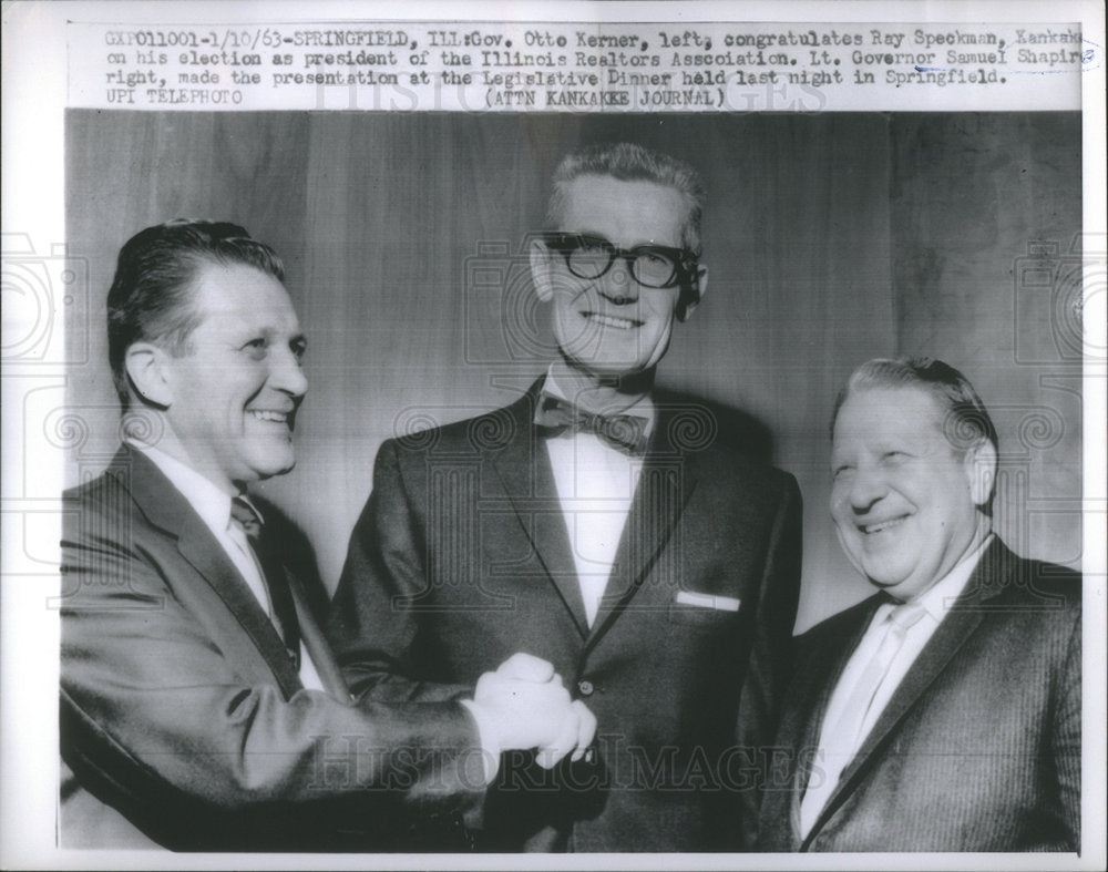 1963 Press Photo Gov. Otto Kerner Left Congratulates Ray Speckman Samuel Shapire - Historic Images