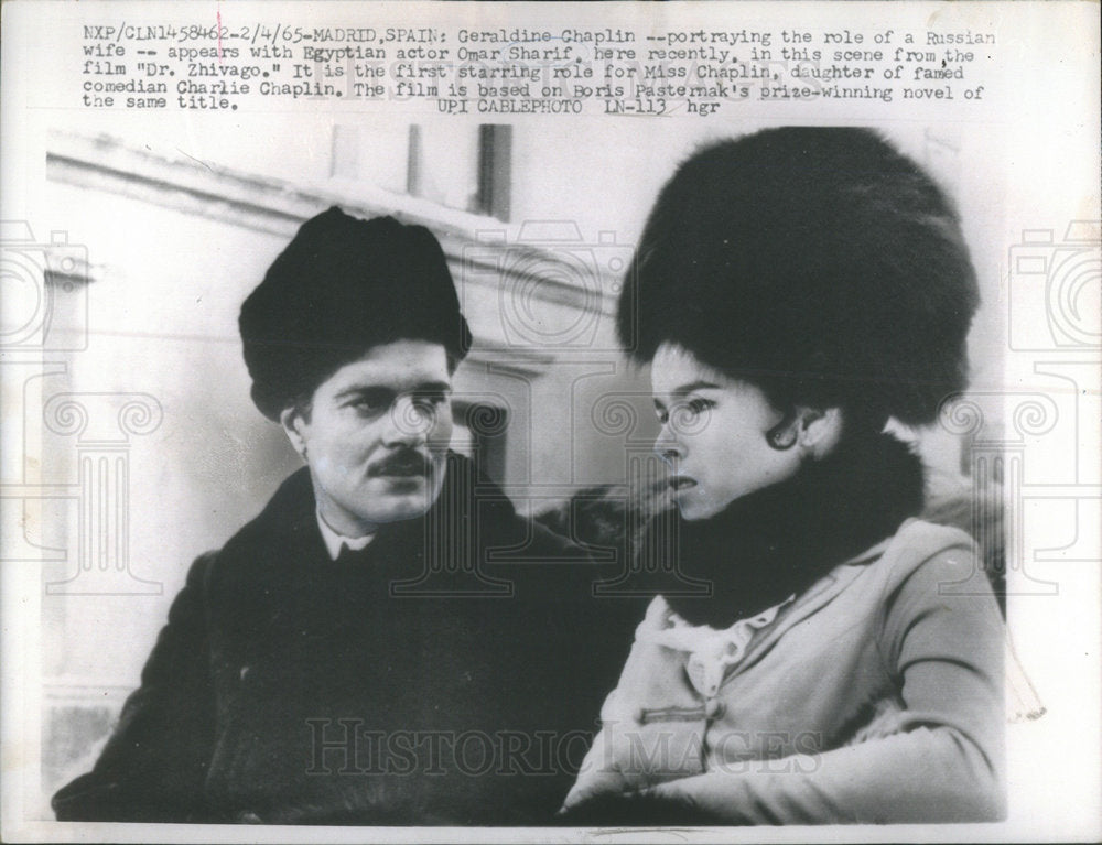 1965 Press Photo Geraldine Chaplin portraying Egyptian Actor Omar Sharif Pasternak - Historic Images