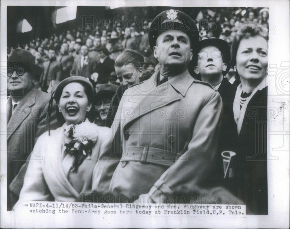 1954 General Ridgeway and Mrs, Ridgeway shown watching the Penn-Army - Historic Images