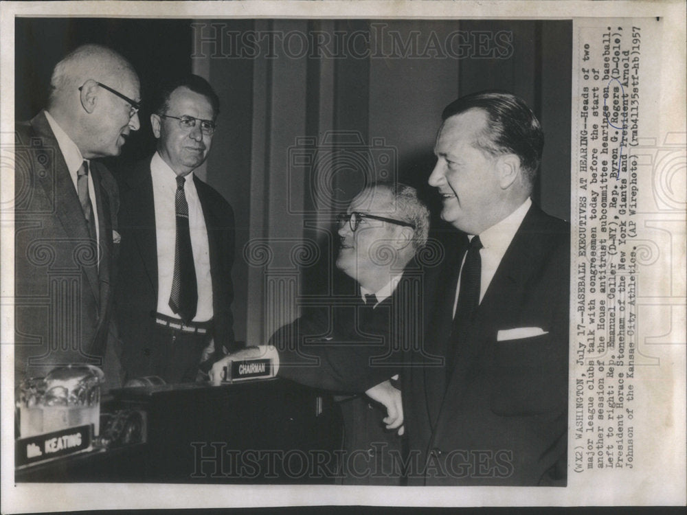 1957 Press Photo Emanuel Celler Byron Rogers Horace Stoneham Arnold Johnson - Historic Images