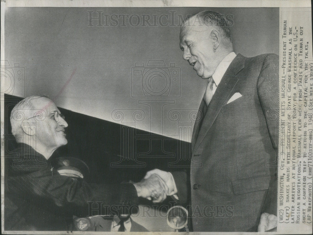 1948 President Harry S Truman greets Secretary of State Geo Marshall - Historic Images