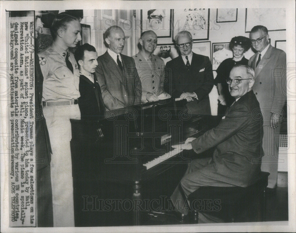 Press Photo President Truman Plays United Nations Spinet Piano - Historic Images