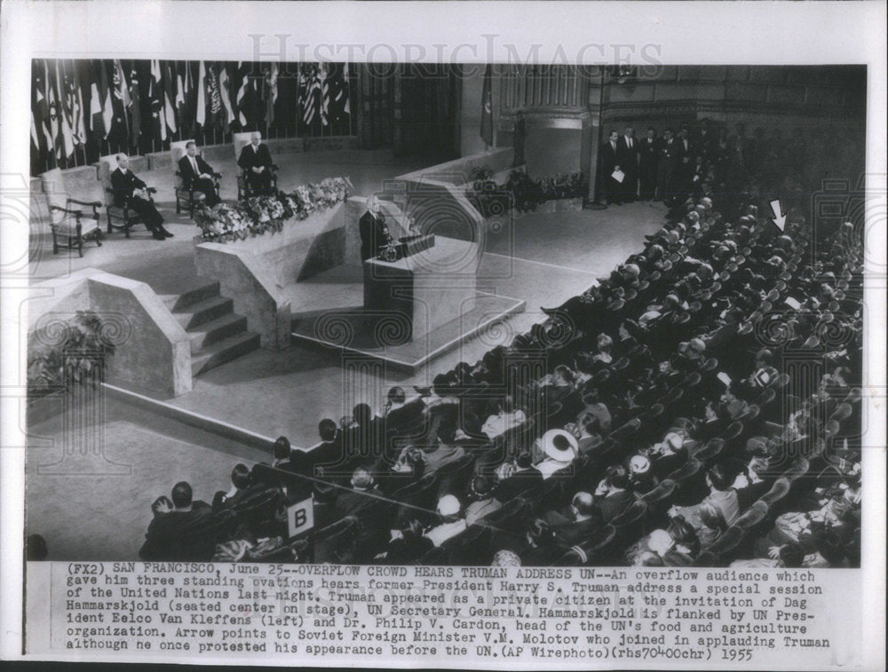 1955 Press Photo Former President Truman Addresses UN Hammarskjold Van Kleffens - Historic Images