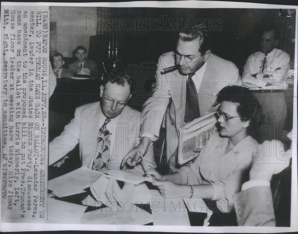 1948 Press Photo Leander Perez, Lorris Wimberly, Miss Jimmy Witt - Historic Images