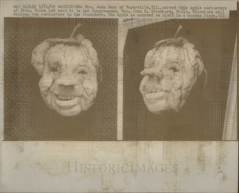 1959 Mrs John Darr Naperville Carve Apple Caricature President Nixon - Historic Images