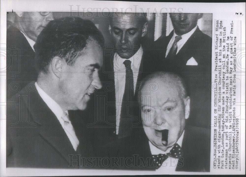 1958 Press Photo Politician Richard Nixon Smoking Sir Winston Churchill - Historic Images