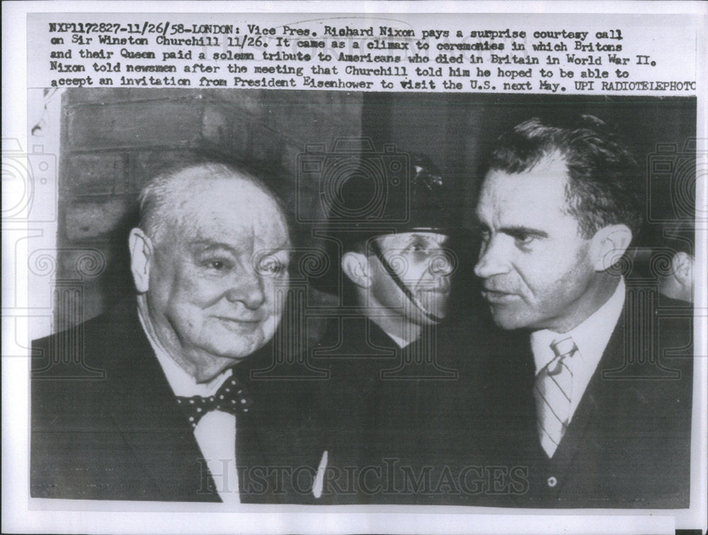1958 Press Photo Vice President Richard Nixon Surprise Courtesy Call Sir Winston - Historic Images