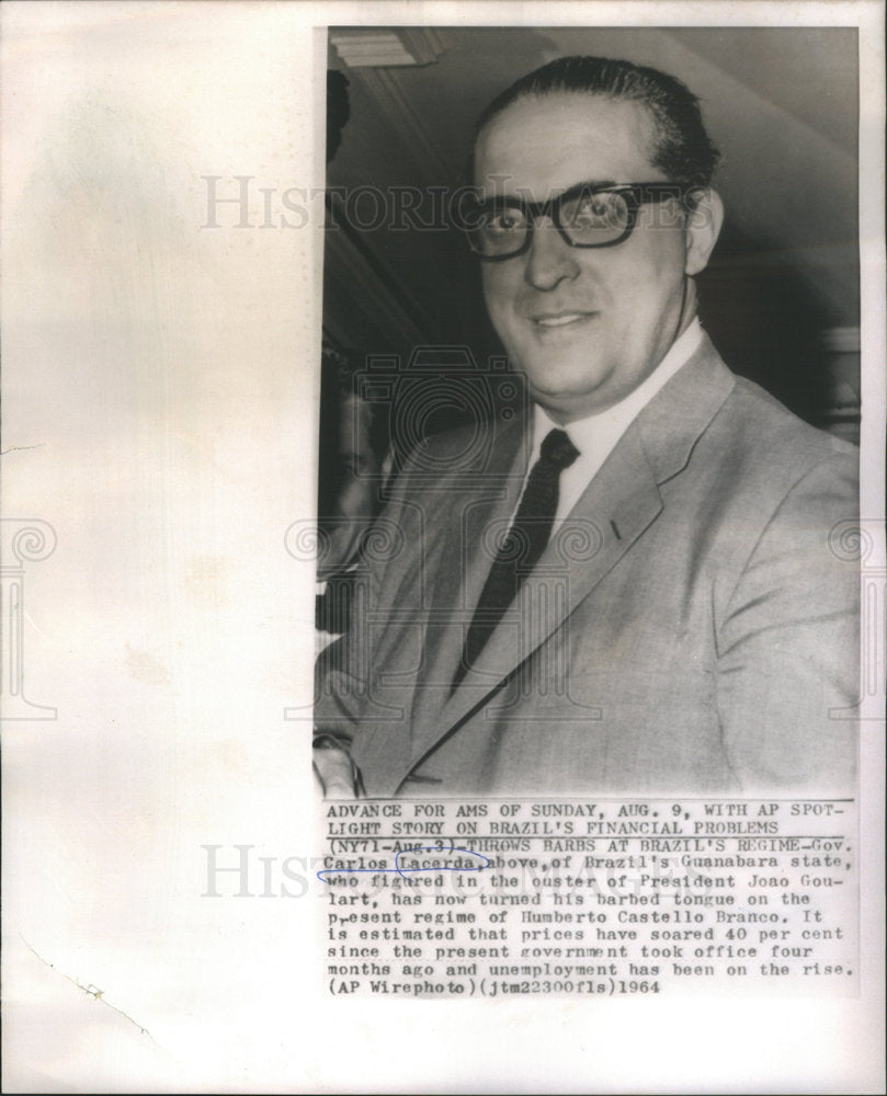 1964 GOV. CARLOS LACERDA BRAZIL JOURNALIST POLITICIAN - Historic Images