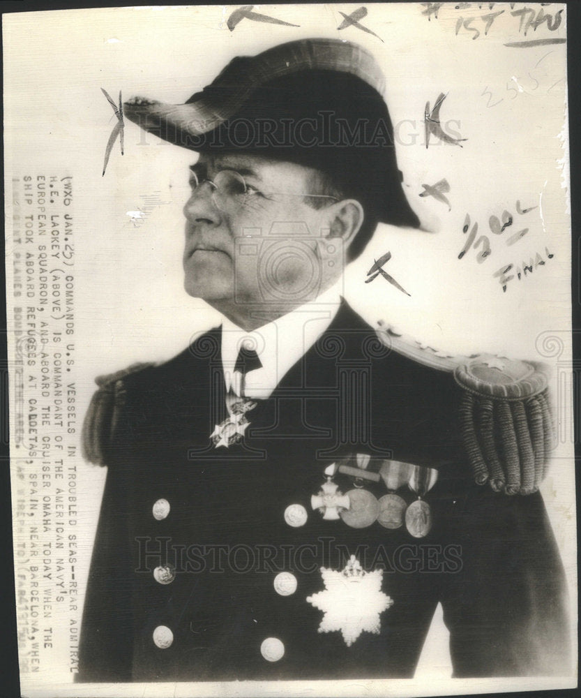 1939 Press Photo Rear Adm H.E. Lackey Commands US Vessels In Troubled Seas - Historic Images