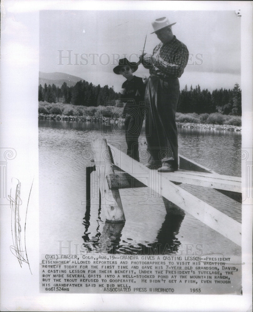 1955 President Dwight Eisenhower Gives Grandson David Casting Lesson - Historic Images