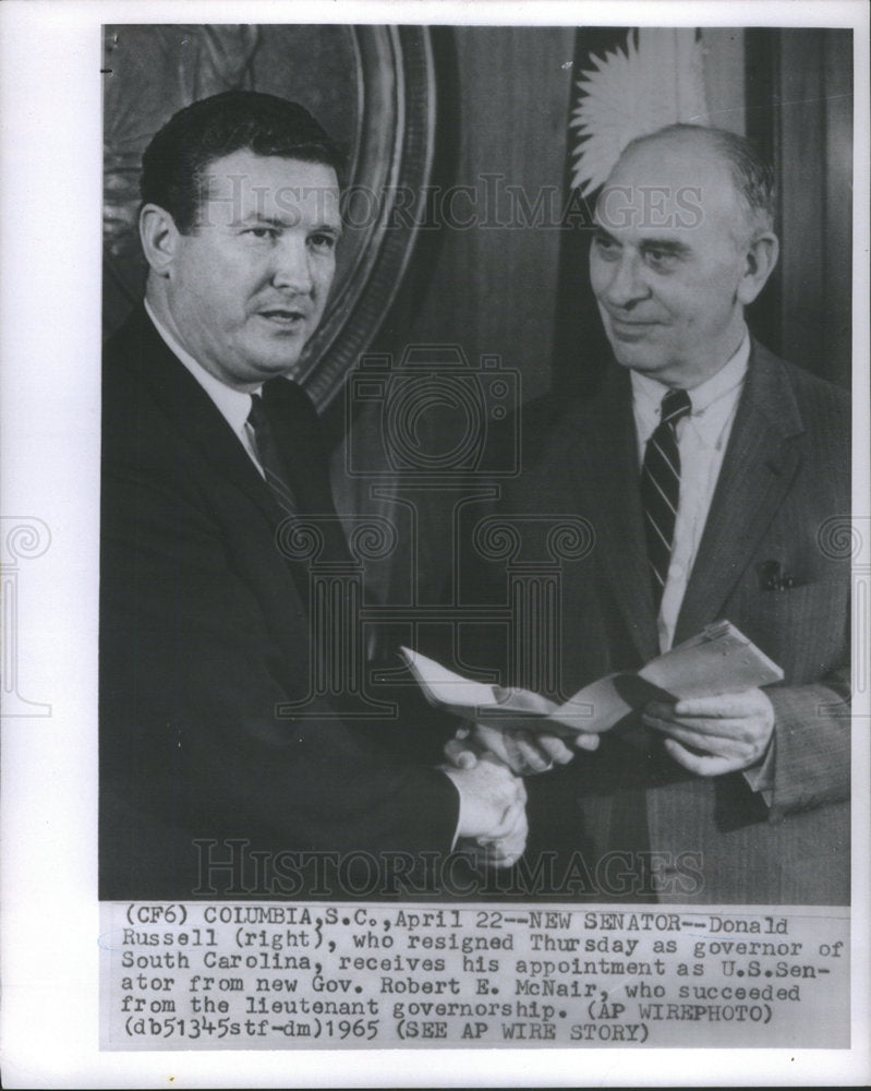 1965 Senator Donald Russell Shown With Governor Robert E McNair - Historic Images