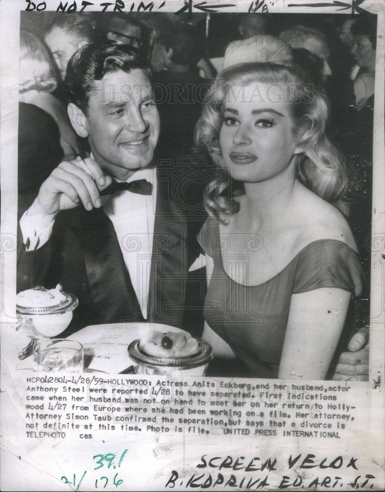 1959 Anita Eckberg And Anthony Steel At Dinner - Historic Images