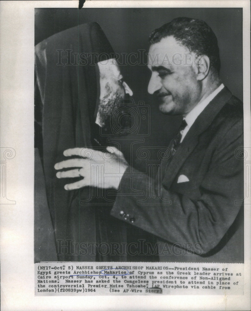 1964 Press Photo President Nasser greats Archbishop Makarios. - Historic Images