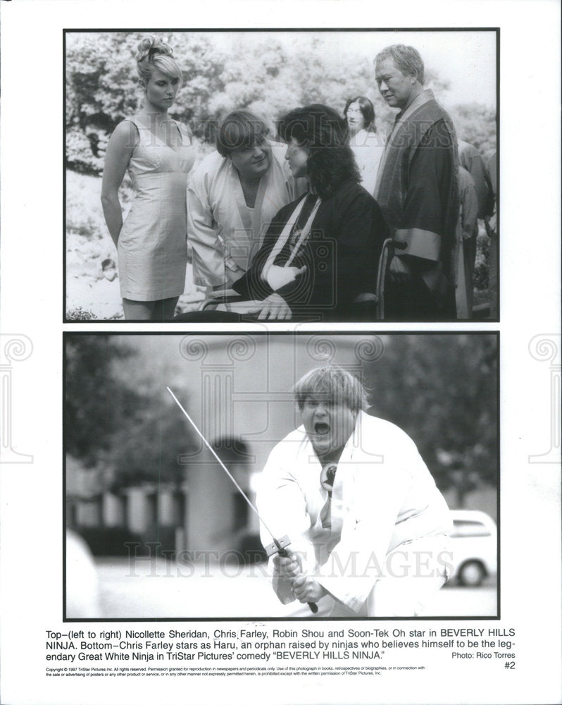 1997 Press Photo Actors Chris Farley and N. Sheridan in "Beverly Hills Ninja" - Historic Images
