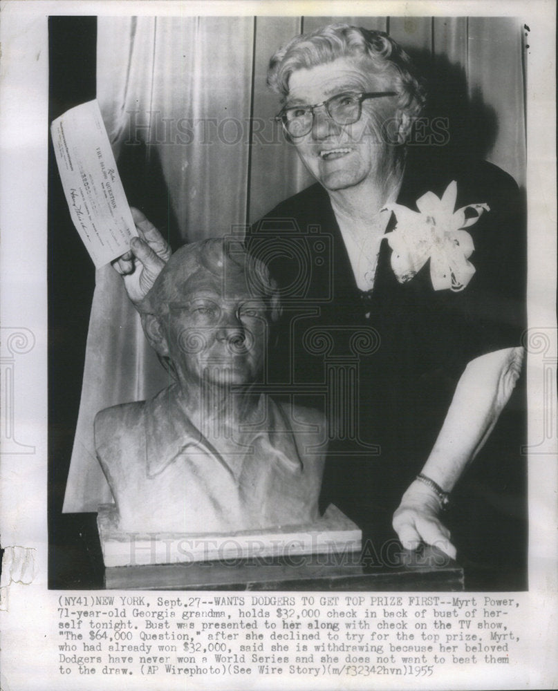 1955 Press Photo Myrt Power Georgia grandma World Series Dodgers New York Prize - Historic Images