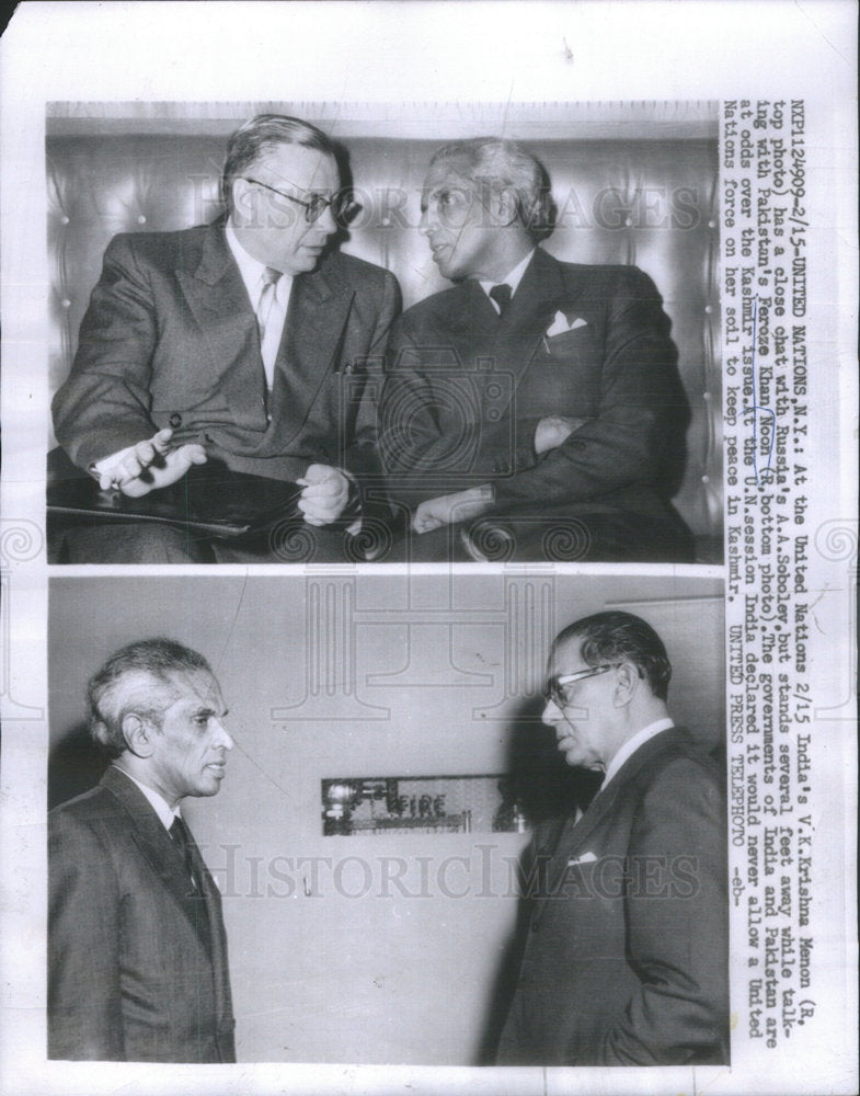 1957 Press Photo India's V.K. Krishna Menon & Russia's A.A Soboley - Historic Images