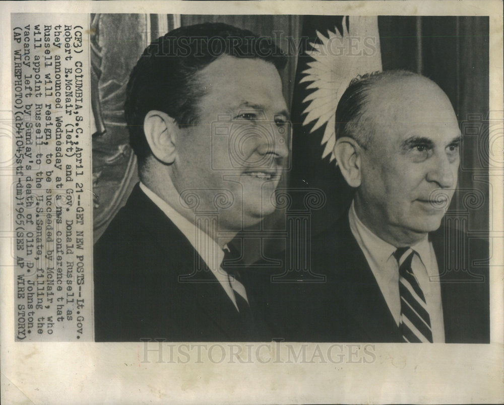 1965 Press Photo Lt Governor Robert McNair Donald Russell US Senate Johnston - Historic Images