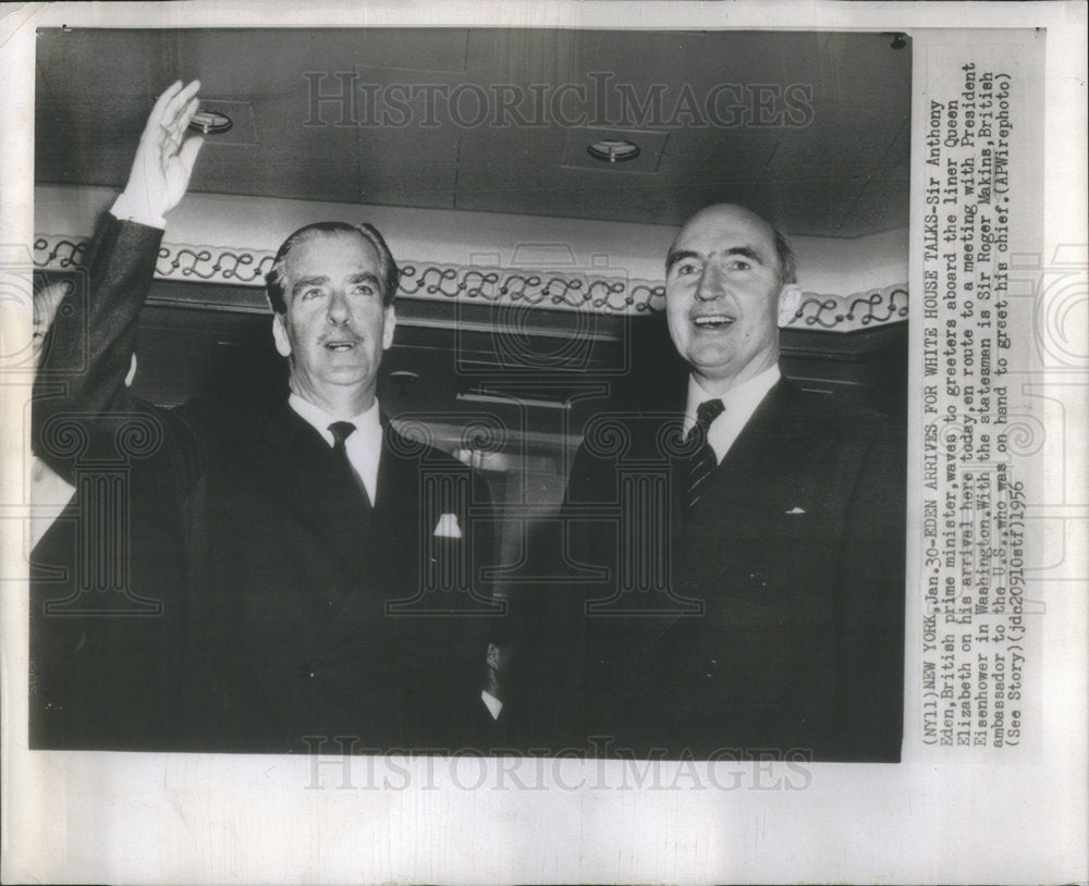 1956 Press Photo UK PM Sir Anthony Eden with President Eisenhower in New York. - Historic Images