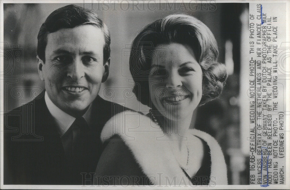 1966 Princess Beatrix Royalty Netherlands wedding notice photo - Historic Images