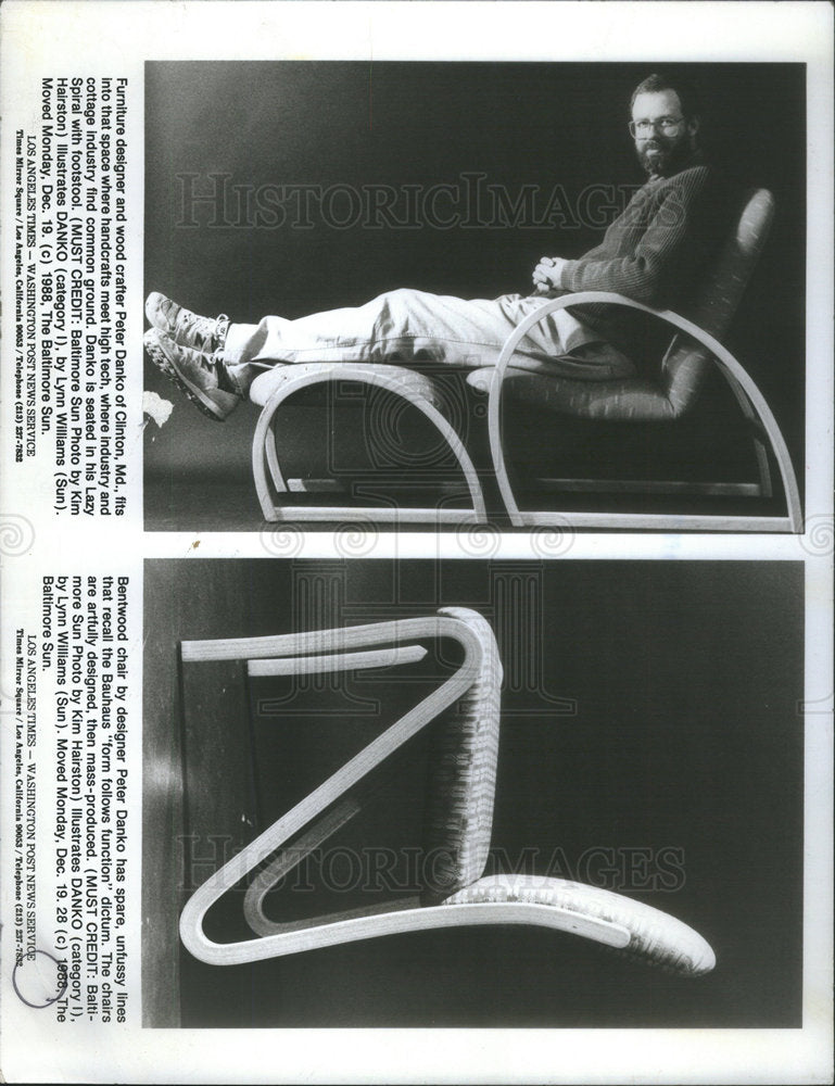 1989 Press Photo Furniture Designer Danko Sitting In Lazy Spiral Chair Design - Historic Images