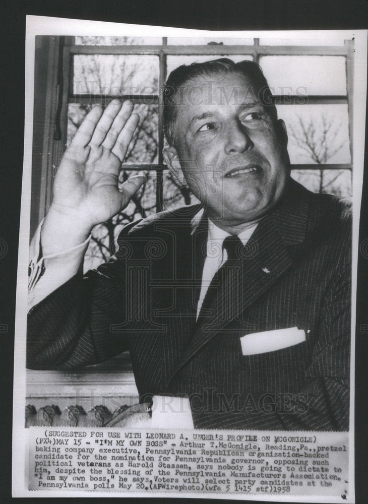 1958 Arthur T McGonigle PA Republican candidate Governor Executive - Historic Images