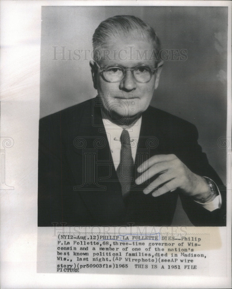 1965 Press Photo Philip F. La Follette Wisconsin Governor Progressive Party - Historic Images